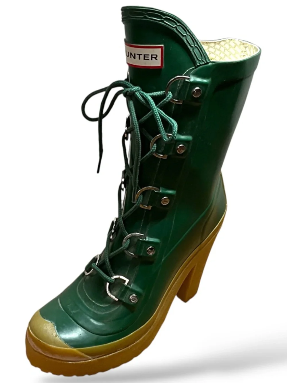 HUNTER ‘Gabby’ Heeled Platform Rain Boots Lace Up in Hunter Green US Sz 8 - Picture 3 of 12